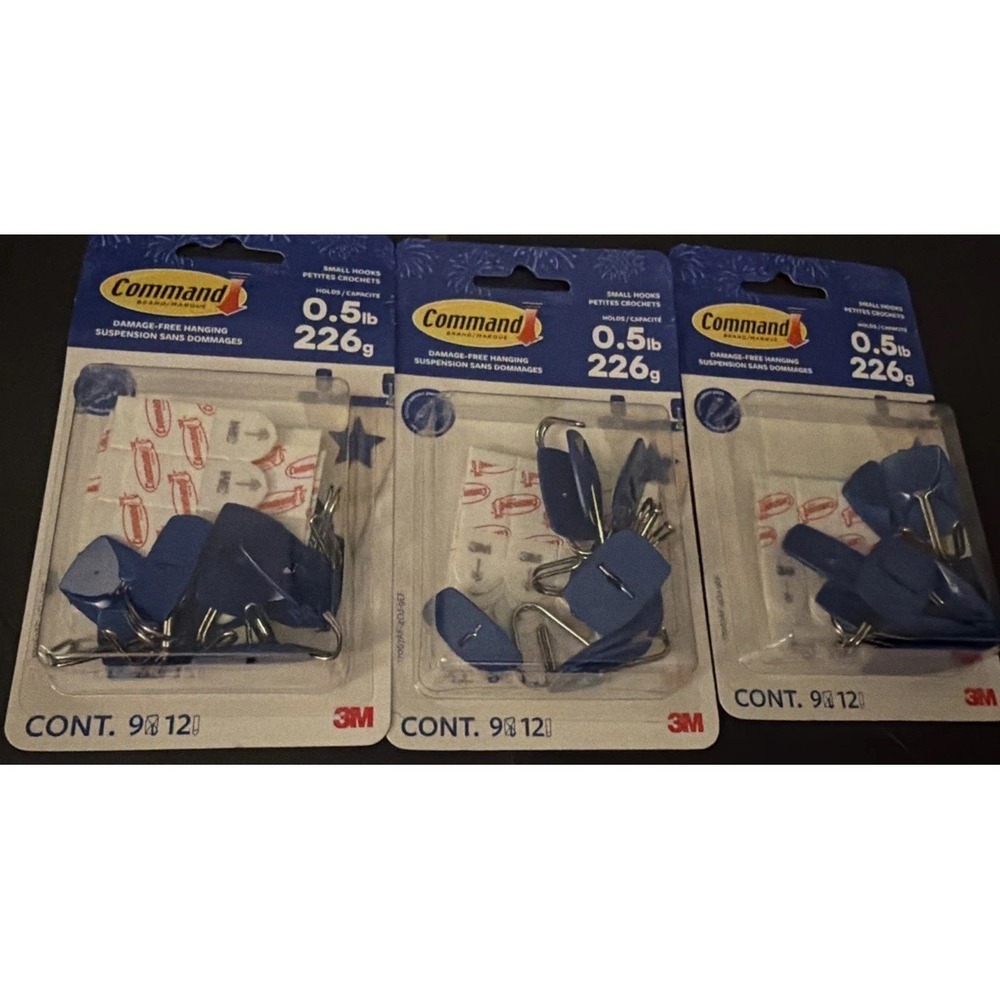 3M Command Blue Small Wire Hooks -9 Hooks, 12 Strips - holds .5lbs Lot of 3